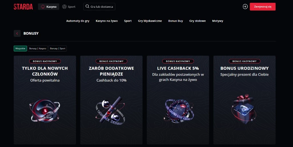 Bonusy Starda Casino - cashback do 10% i live cashback 5%