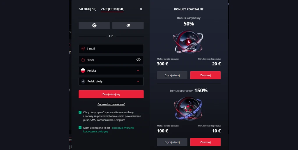 Formularz rejestracji Starda Casino z wyborem PLN